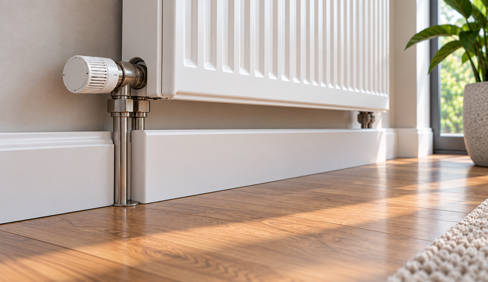 Wysoka listwa przypodłogowa przy nisko zamontowanym grzejniku.