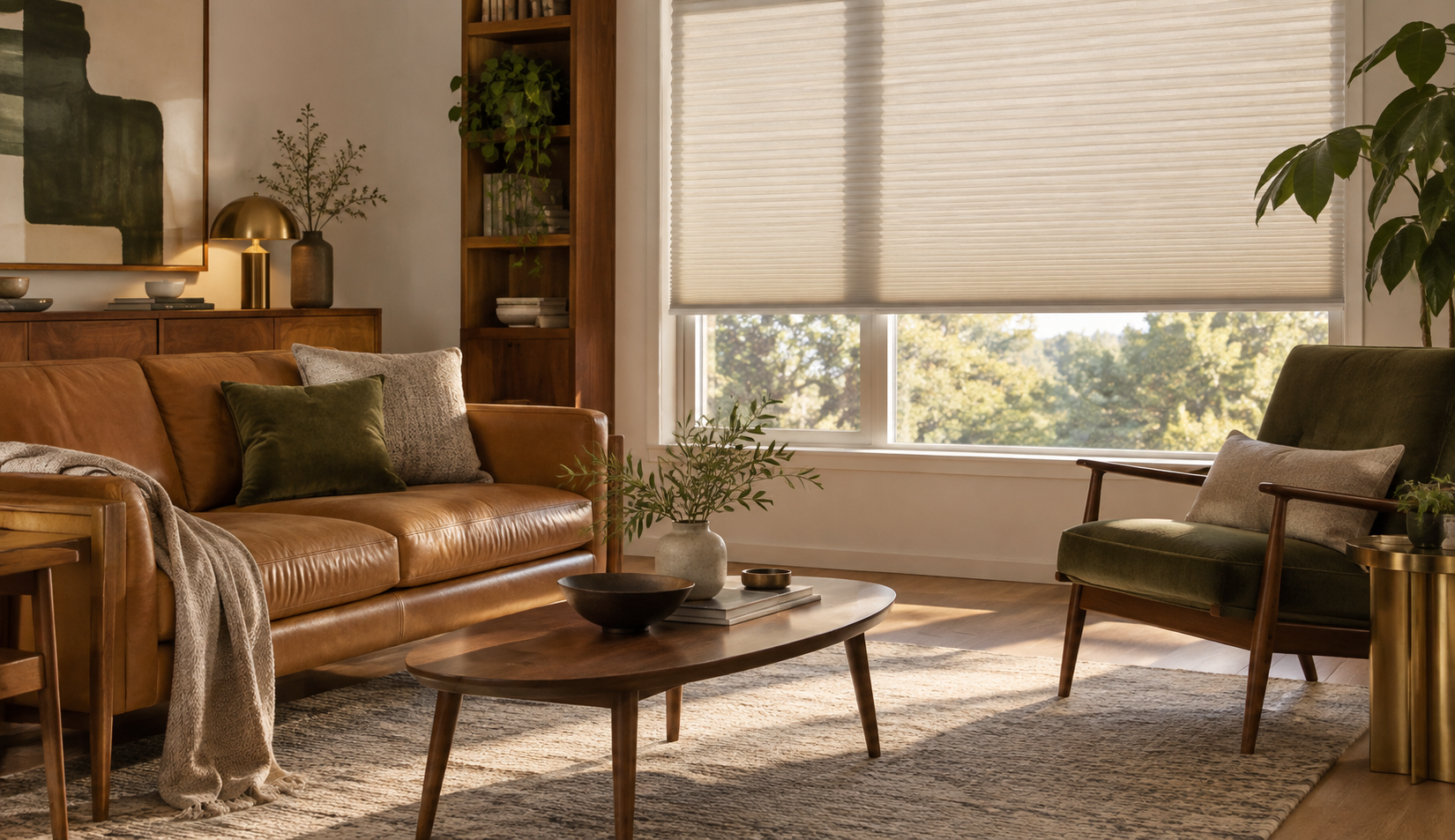 Kremowa plisa w aranżacji Mid-Century Modern z karmelową sk&oacute;rą, ciemnym drewnem i oliwkowymi dodatkami.