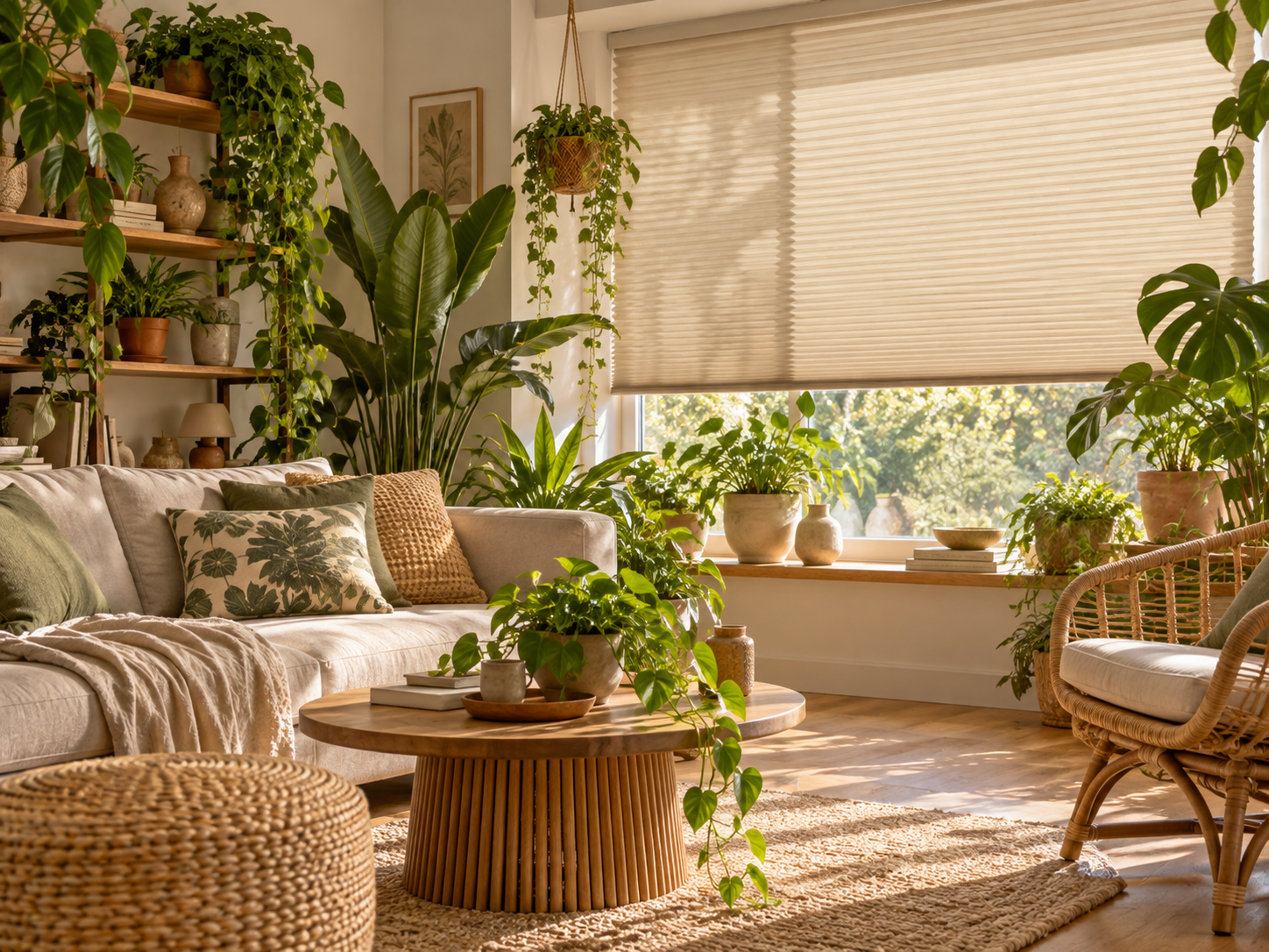 Kremowa plisa w aranżacji urban jungle z dużą ilością roślin i naturalnych materiałów.
