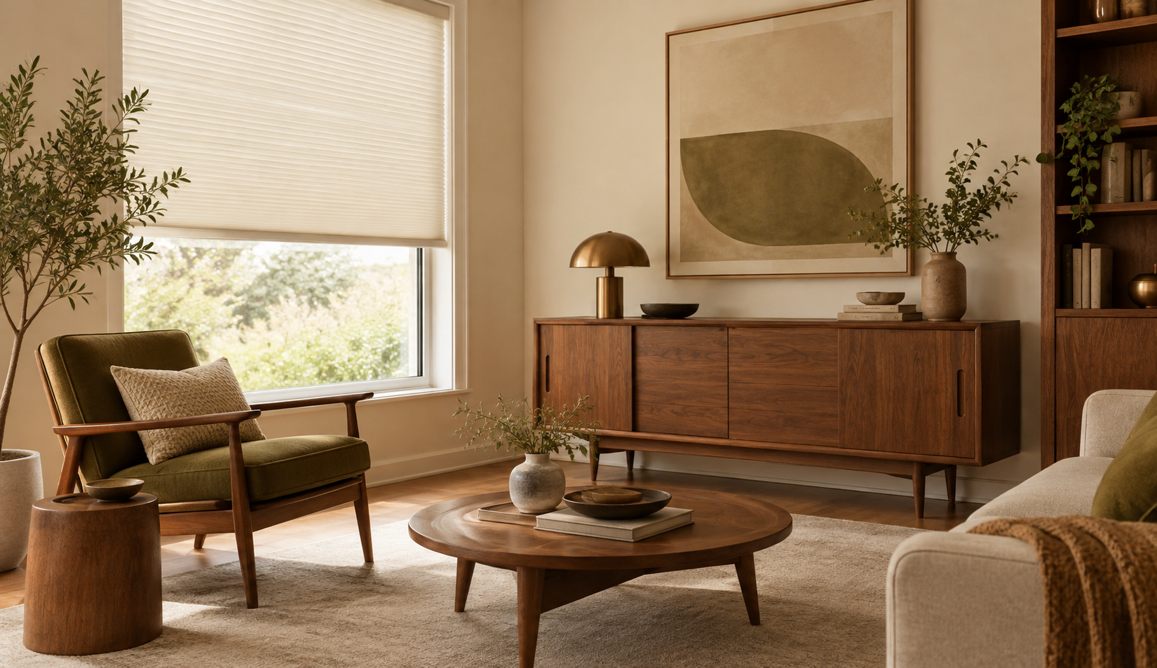 Kremowa plisa w salonie Mid-Century Modern z meblami z ciemnego drewna i oliwkowymi akcentami.