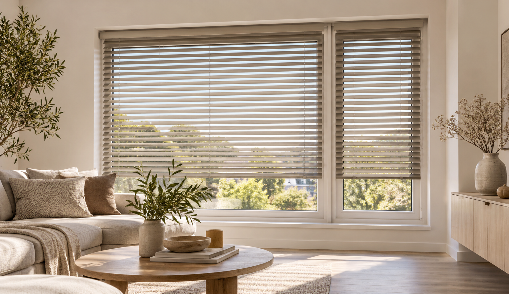 Dwie żaluzje o różnych szerokościach tworzące spójną całość